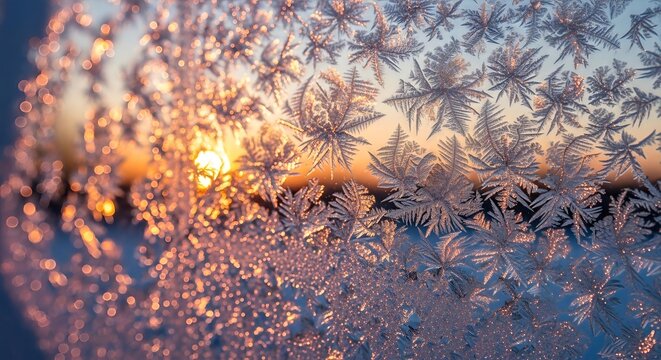 Intricate ice crystals and frost patterns on a window pane with a golden sunrise in the background.