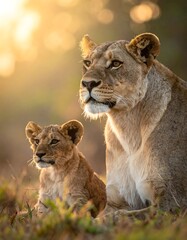 Fototapeta premium A lioness and her cub gaze intently at something out of frame, bathed in warm, golden light during sunrise