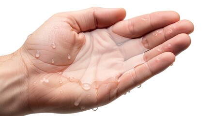 A human hand is cupped filled with clear water and adorned with scattered droplets