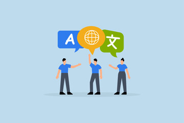 Language learning, young adults conversing with foreign international language symbol.