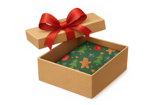 Open gift box revealing christmas pattern paper with gingerbread man and trees, red ribbon, surprise present concept