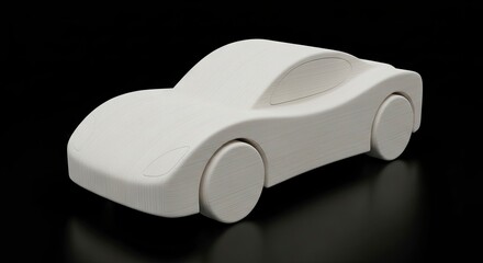 A light wood toy car with a smooth rounded design sits on a black reflective surface