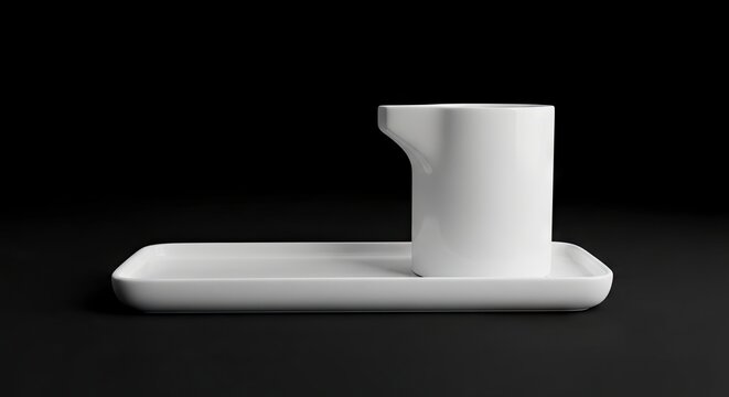 A white ceramic pitcher sits on a matching tray against a black backdrop showcasing sleek minimalist design - Powered by Adobe