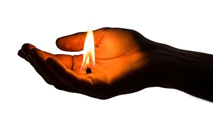 A lit flame rests on an open hand bathing the palm in orange light against a white background