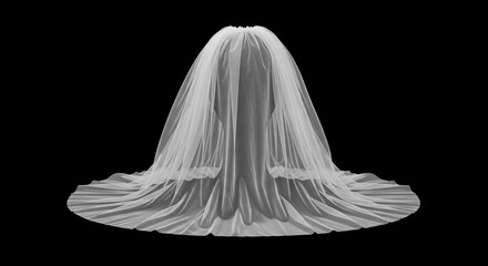 A long white wedding veil drapes over a mannequin against a stark black background