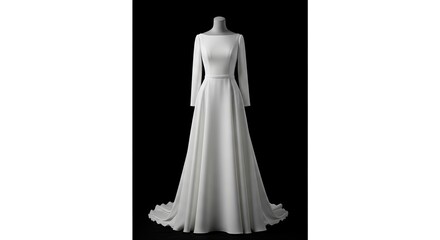 A mannequin displays a white longsleeved wedding dress with a floorlength skirt
