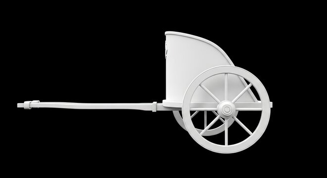 A white chariot on a black background featuring a spoked wheel and an extended shaft