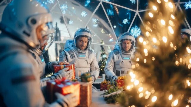 Festive Astronauts Gather Around a Decorated Tree, Sharing Gifts and Joy in a Cozy Igloo During the Holiday Season