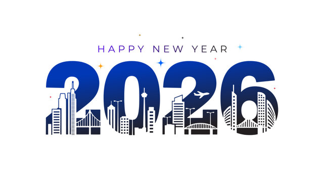 Vector illustration of 2026 happy new year typo with modern high rise building design and city skyline background.
