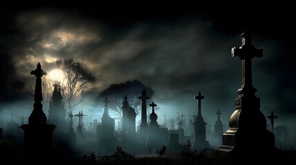 Moonlit cemetery silhouette scene