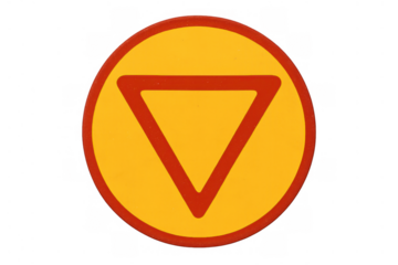 Yield sign for traffic indicating give way, a round yellow road signal with a red upside-down triangle symbol