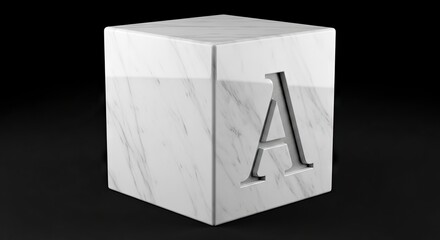 A marble cube displays a carved letter A against a dark background