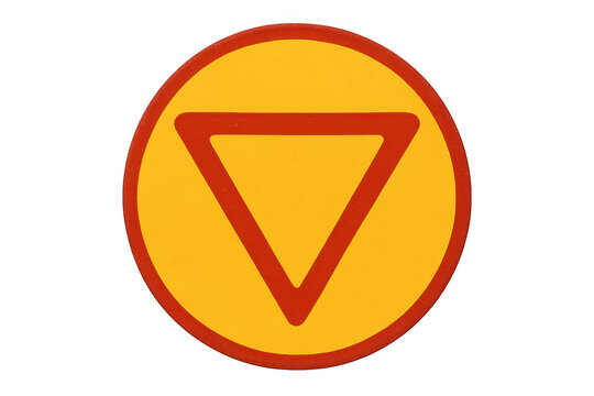 Yield sign for traffic indicating give way, a round yellow road signal with a red upside-down triangle symbol