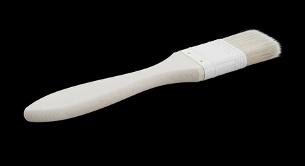 Angled view of a light woodhandled paint brush with white bristles on a dark background