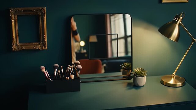 Elegant Vanity Table with Makeup Brushes Mirror and Gold Desk Lamp in Dimly Lit Room