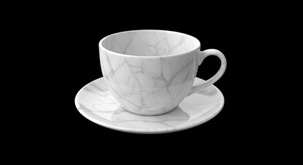 A marble teacup  saucer set sits on a black background