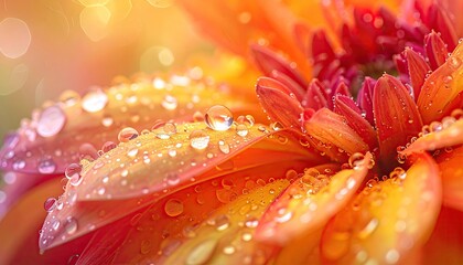 Close Up Macro Shot Of A Vibrant Orange Flower With Dew Drops And Soft Golden Bokeh Lighting