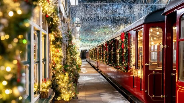 Christmas Train Journey Through a Festive, Colorful Station Filled With Lights and Decorations