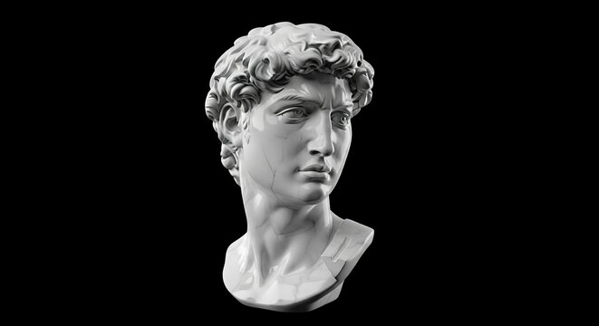 Bust of David a white marble sculpture head against a black background