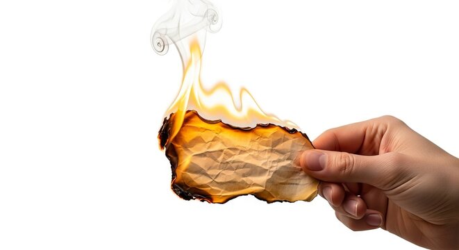 Hand holding burning crumpled paper flames rising smoke curling against a white background