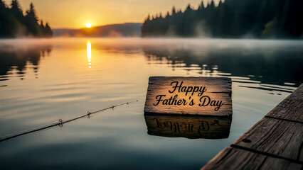 A peaceful lake scene with fishing rods on the dock, a golden sunrise reflected in the calm water, and a wooden carved text "Happy Father"s Day" floating in the reflection.