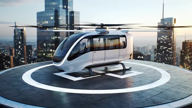 Sleek White Futuristic Air Taxi Helicopter on City Rooftop Helipad at Sunset with Skyscrapers Background