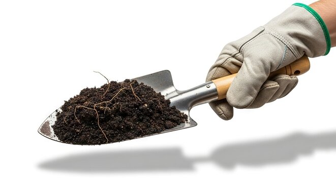 Gloved hand holding trowel with dark soil against white background