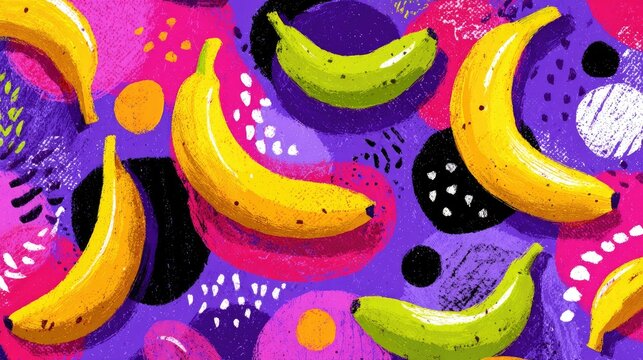 Bananas scattered on vibrant, abstract, colorful shapes