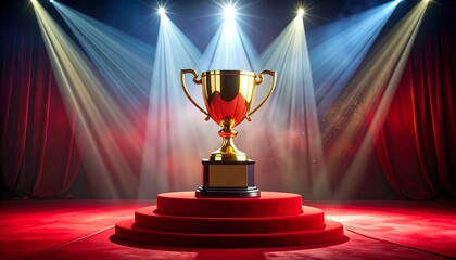 Golden trophy shines onstage, spotlight illuminates reward, set on a layered red carpet