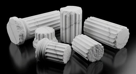 Grouping of six fluted white marble column segments some fractured against a glossy black backdrop