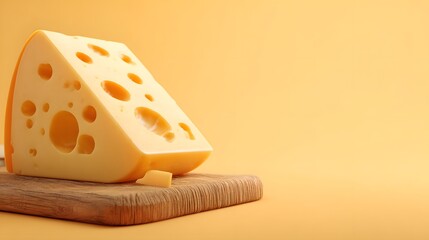 Yellow Cheese Slice on Wooden Board with Smooth Orange Background