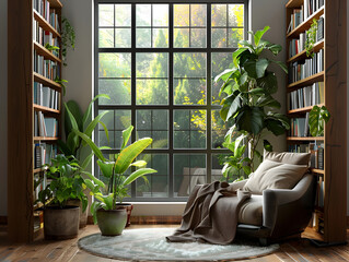 A Bright and Cozy Home Library with a Comfortable Armchair, Wooden Shelves Filled with Books, and Natural Light Streaming Through Large Windows, Creating a Peaceful Atmosphere.