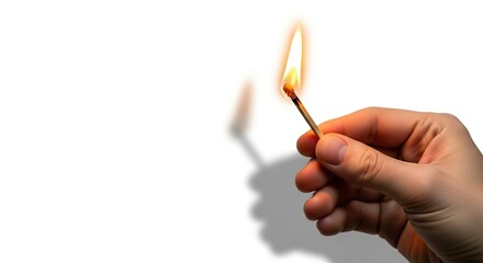Hand holding lit match flame burning bright