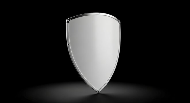 Silveredged white shield stands on a black surface highlighted by a spotlight