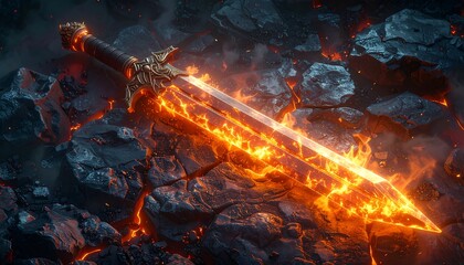 Glowing, ornate sword amidst cracked, dark rock. Embers rise, highlighting the fiery weapon's blade. Evokes fantasy, power