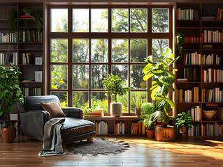A Modern Home Library with Wooden Bookshelves, Lush Green Plants, and an Armchair Positioned by Large Windows, Creating a Serene and Comfortable Reading Environment.