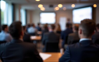 business conference room with blurred audience attending seminar meeting professional networking event digital blur. High quality
