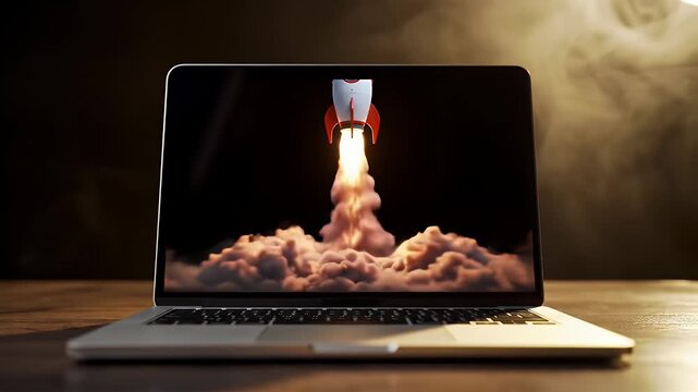 Laptop screen displays a cartoon rocket launching with dramatic smoke and fire effects against a dark background with