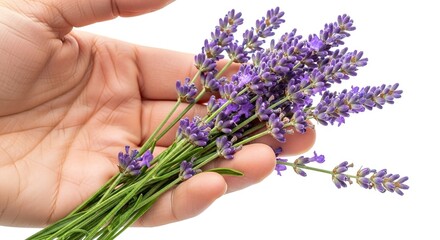 Hand holding a bundle of lavender stems with purple flowers against a white background