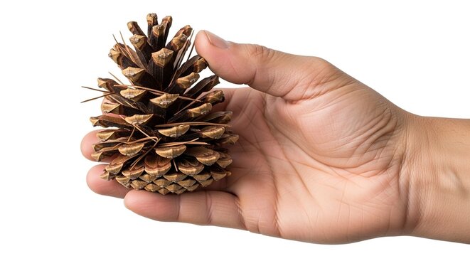 Hand holding a brown pine cone against a white backdrop