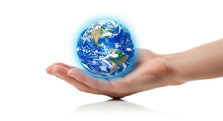 Hand holding a glowing globe of Earth isolated on white