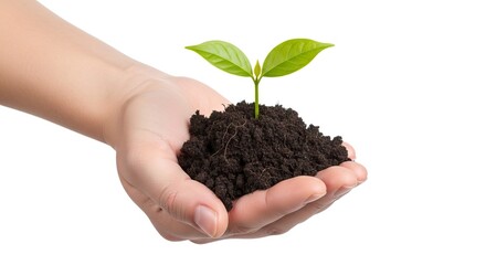 Hand holding soil with a seedling white background
