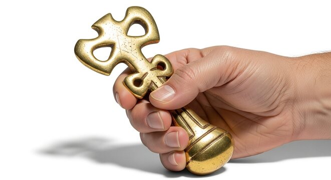 Hand holding a golden object with a decorative ornate head and a bulbous base