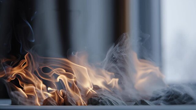 A fire is burning in a fireplace. Macro winter micro detail flame behavior against minimal neutral interior palette, refined quiet holiday atmosphere, winter hanukkah home
