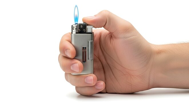 Hand holding a lit metal lighter with a blue flame isolated on a white background