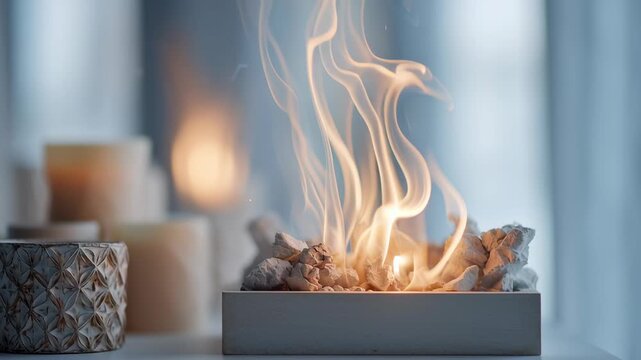 A small fire is burning in a box. Macro winter micro detail flame behavior against minimal neutral interior palette, refined quiet holiday atmosphere, winter hanukkah home