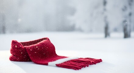 Red wool scarf and gloves placed on white snow in winter forest background