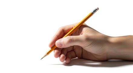 Hand holding yellow pencil poised to write on white surface shadow visible