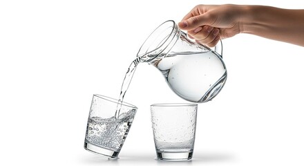 Water pours from a clear pitcher into a glass next to an empty glass against a white backdrop