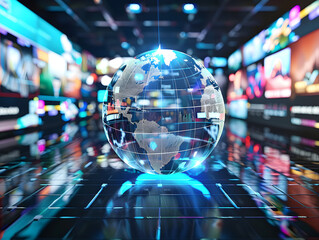 A Digital Representation of a Globe Surrounded by Dynamic Data Visualizations, Showcasing Global Connectivity and Technological Advancements in a High-Tech Environment.